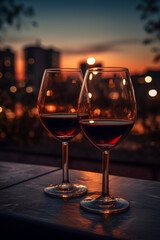 2 Glässer Rotwein spät abends bei Sonnenuntergang in der Stadt. Hochformat. Hochkant. Generative Ai.