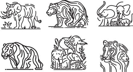 set of  fauna wildlife elements bold line art vector 
