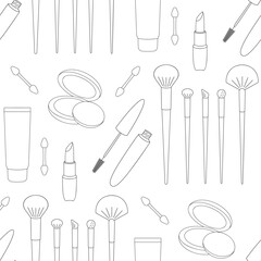 Make up line icons of different cosmetic products. Vector seamless pattern. Black line elements on white background. Best for textile, wrapping paper, package and home decoration.
