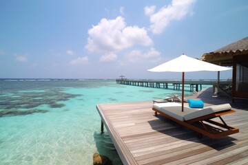 Amazing drone view of the beach and water with beautiful colors. Paradise scenery water villas with amazing sea and beach, tropical nature. summer vacation.