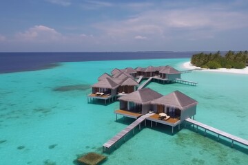 Amazing drone view of the beach and water with beautiful colors. Paradise scenery water villas with amazing sea and beach, tropical nature. summer vacation.