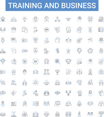 Training and business outline icons collection. Training, Business, Coaching, Education, Development, Workshop, Learning vector illustration set. Courses, Consulting, Facilitation line signs