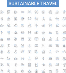 Sustainable travel outline icons collection. Eco-tourism, Responsible, Ecotourism, Conserve, Climate-friendly, Renewable, Sustainable vector illustration set. Reduce, Carbon-offsetting, Renew line