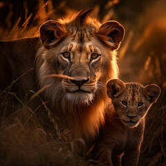 Fototapeta premium Majestic lion and small cub in golden light. 3D render