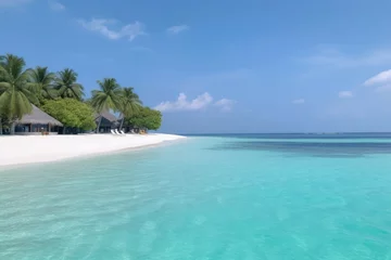 Foto op Canvas Amazing drone view of the beach and water with beautiful colors. Paradise scenery water villas with amazing sea and beach, tropical nature. summer vacation. © PimPhoto
