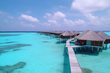 Fototapeta na wymiar Amazing drone view of the beach and water with beautiful colors. Paradise scenery water villas with amazing sea and beach, tropical nature. summer vacation.