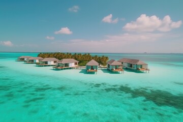 Obraz premium Amazing drone view of the beach and water with beautiful colors. Paradise scenery water villas with amazing sea and beach, tropical nature. summer vacation.