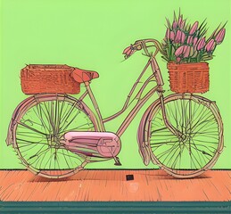 A vintage bicycle with a wicker basket filled with tulips, designed in a retro anime style, perfect for adding a touch of nostalgia and charm to any project. Generative AI