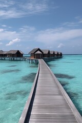 Amazing drone view of the beach and water with beautiful colors. Paradise scenery water villas with amazing sea and beach, tropical nature. summer vacation.