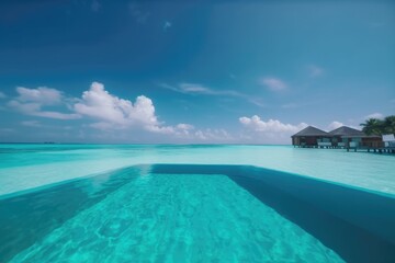 Fototapeta premium Amazing drone view of the beach and water with beautiful colors. Paradise scenery water villas with amazing sea and beach, tropical nature. summer vacation.