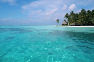 Fototapeta premium Amazing drone view of the beach and water with beautiful colors. Paradise scenery water villas with amazing sea and beach, tropical nature. summer vacation.
