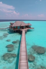 Fototapeta na wymiar Amazing drone view of the beach and water with beautiful colors. Paradise scenery water villas with amazing sea and beach, tropical nature. summer vacation.