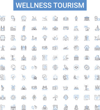 Wellness tourism outline icons collection. Wellness, Tourism, Health, Vacation, Retreat, Relaxation, Adventure vector illustration set. Escape, Yoga, Fitness line signs