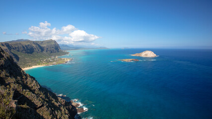 View of Kaohikaipu and Manana Island Seabird Sanctuaries as seen from Makapuu Lighthouse viewpoint on Oahu Hawaii United States