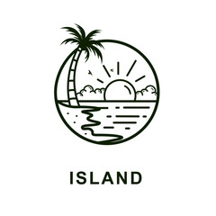 Tropical island and palm tree logo line art vector illustration template icon.
