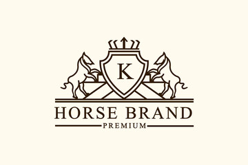 Horse heraldry emblem modern line style with a shield and crown