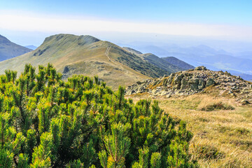 View on a sunny summer day to the west from the top of Veľký Kriváň (Malá Fatra, Slovakia) on the red hiking trail. Pekelník peak in the foreground.