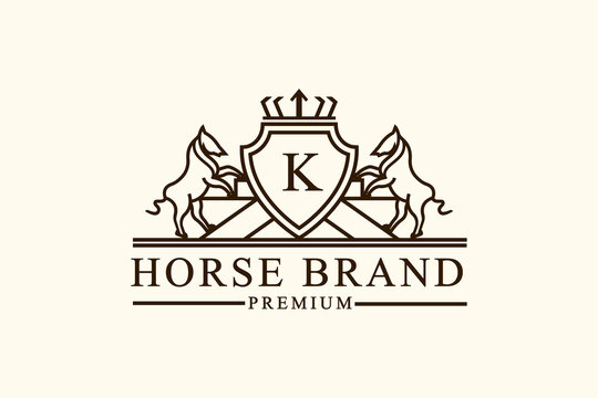 Horse heraldry emblem modern line style with a shield and crown