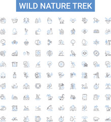 Wild nature trek outline icons collection. forest, trekking, wild, outdoors, adventure, hiking, nature vector illustration set. wilderness, trees, landscape line signs