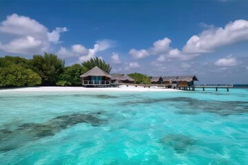 Fototapeta premium Amazing drone view of the beach and water with beautiful colors. Paradise scenery water villas with amazing sea and beach, tropical nature. summer vacation.