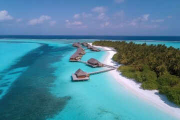 Obraz premium Amazing drone view of the beach and water with beautiful colors. Paradise scenery water villas with amazing sea and beach, tropical nature. summer vacation.