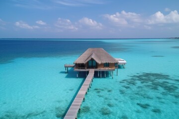 Amazing drone view of the beach and water with beautiful colors. Paradise scenery water villas with amazing sea and beach, tropical nature. summer vacation.