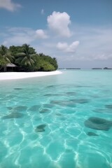 Fototapeta premium Amazing drone view of the beach and water with beautiful colors. Paradise scenery water villas with amazing sea and beach, tropical nature. summer vacation.
