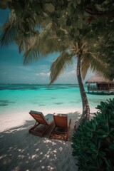 Amazing drone view of the beach and water with beautiful colors. Paradise scenery water villas with amazing sea and beach, tropical nature. summer vacation.