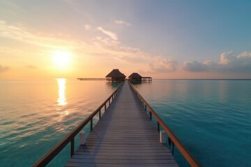 Obraz premium Amazing drone view of the beach and water with beautiful colors. Paradise scenery water villas with amazing sea and beach, tropical nature. summer vacation.