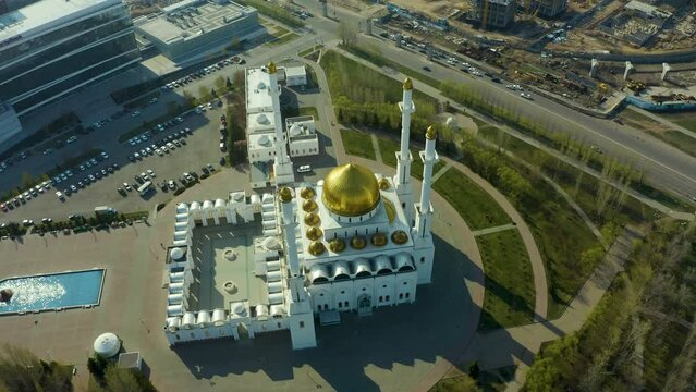 Construction of a mosque in Astana, Nur-Sultan. Kazakhstan, Nur-Sultan. Drone view.