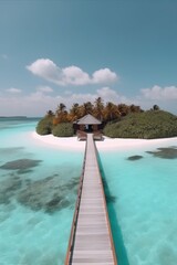 Amazing drone view of the beach and water with beautiful colors. Paradise scenery water villas with amazing sea and beach, tropical nature. summer vacation.