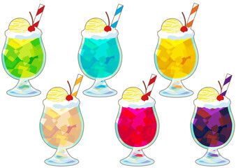 飲み物　夏のデザートストロー付きクリームソーダイラスト素材セット