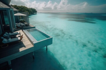 Fototapeta premium Amazing drone view of the beach and water with beautiful colors. Paradise scenery water villas with amazing sea and beach, tropical nature. summer vacation.
