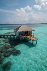 Amazing drone view of the beach and water with beautiful colors. Paradise scenery water villas with amazing sea and beach, tropical nature. summer vacation.