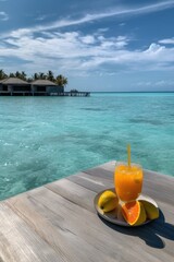 Obraz premium Amazing drone view of the beach and water with beautiful colors. Paradise scenery water villas with amazing sea and beach, tropical nature. summer vacation.