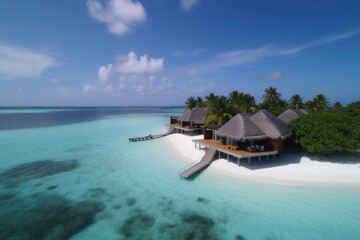 Amazing drone view of the beach and water with beautiful colors. Paradise scenery water villas with amazing sea and beach, tropical nature. summer vacation.