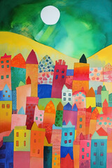 Abstract art colorful houses background. Modern expressionism town painting. Ai generated