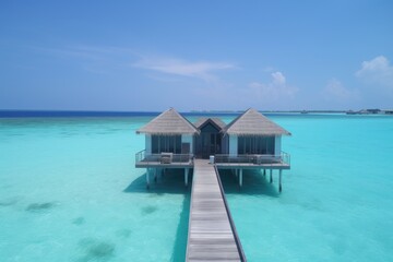 Amazing drone view of the beach and water with beautiful colors. Paradise scenery water villas with amazing sea and beach, tropical nature. summer vacation.