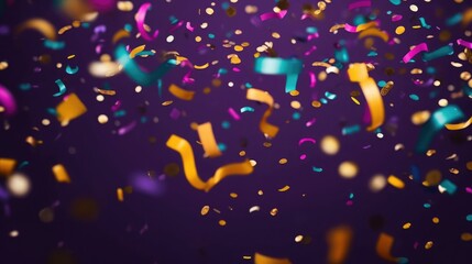 Celebration background with confetti. Holiday illustration with flying colorful particles of paper from cracker on purple background. generative ai