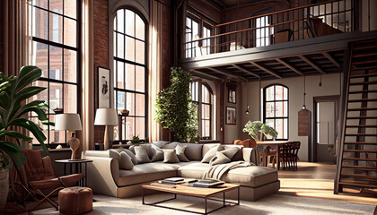 Downtown New York City Lower Manhattan Skyline loft living room. High Floor Window. Beautiful Expensive Real Estate. Financial district. Generative AI