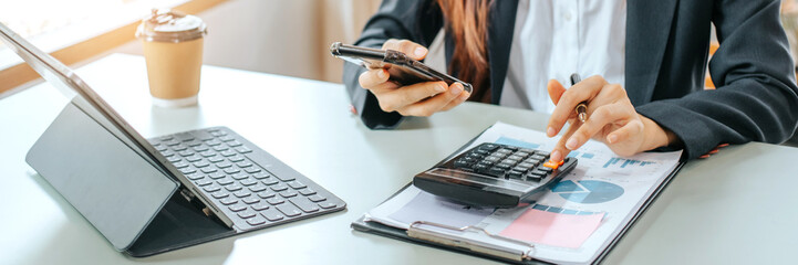 Fototapeta premium woman working from home using computer and document finance and conference online meeting for new projects