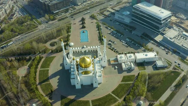 Construction of a mosque in Astana, Nur-Sultan. Kazakhstan, Nur-Sultan. Drone view.
