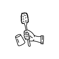 Hand in glove with brush cleaning toilet black line icon. Cleaning company