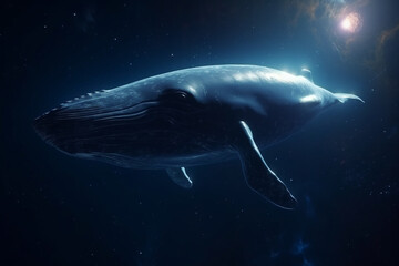 Abstract, state of minds, animal and sci-fi concept. Big blue whale floating in space background. Generative AI