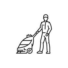 Man with a vacuum cleaner black line icon. Cleaning company