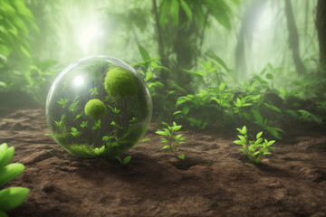 World enviroment day, save the earth, green planet in the forest. Ai Generative illustration