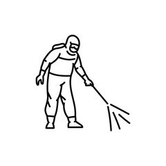 Worker in protective suit disinfects black line icon. Cleaning company