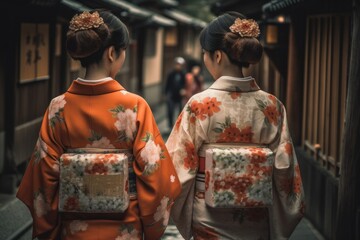 Fototapeta na wymiar 着物を着た二人の日本人女性：AI作品 