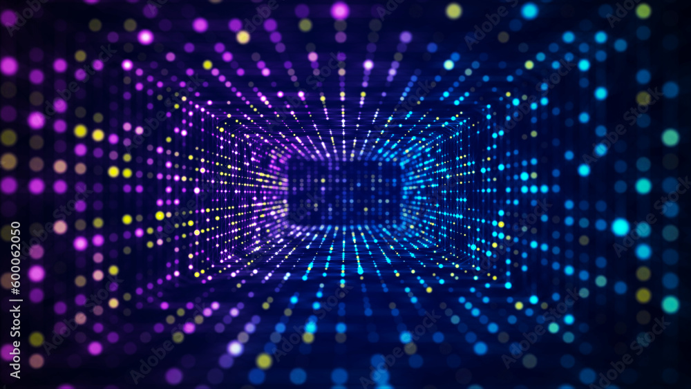 Poster Abstract particle flow in cyberspace. Futuristic 3D portal. Digital technology web flow. Big data visualization. 3d rendering.