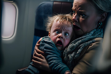 Mother holds in her arms a frightened crying child in an airplane on a seat looking out the window. Generative AI